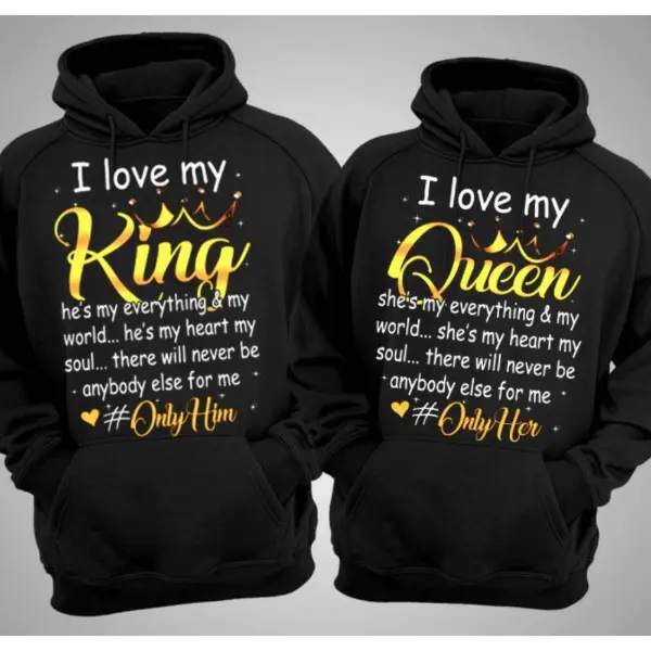 I Love My King Queen Couple Matching Shirt Graphic Couple Hoodies Casual Fleece Fabric Pullover for Women for Men, Menswear Cotton Unisex Apparel Day Valentine Personalized summerwins