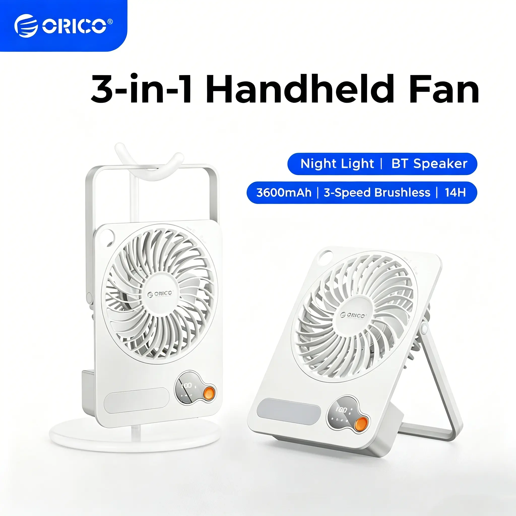 ORICO Desktop & Wall Mountable Fan, 3600mAh Rechargeable, 14-Hour Runtime, 3-Speed Brushless, Digital Display, Quiet, Handheld Fan, Type-C Powered,  Night Light & Bluetooth Optional Gift-dFan,dorm essentials,home essentials