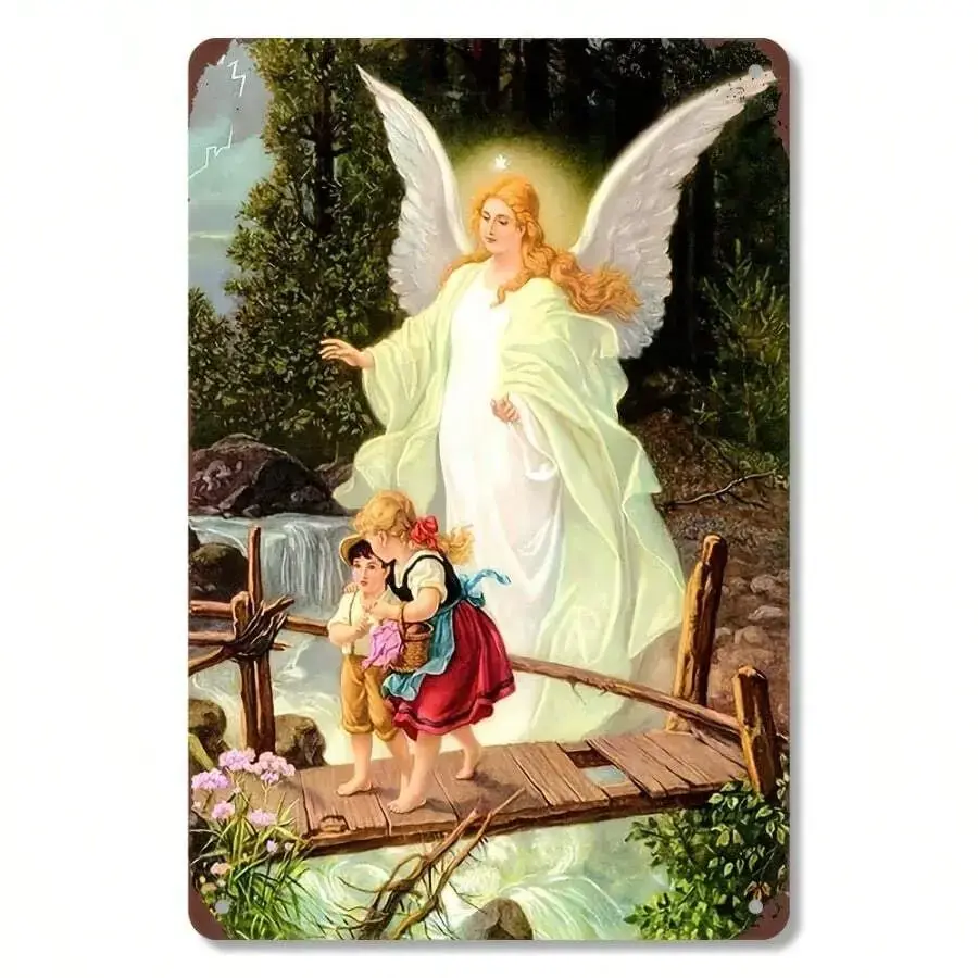 Vintage Guardian Angel Iron Wall Sign - Universal Indoor Religious Home Decor, Room Decor, Meaningful Wall Accent, Christian Gift, Faith Reminder, Retro Tin Art, Guardian Angel Theme Brings Peace
