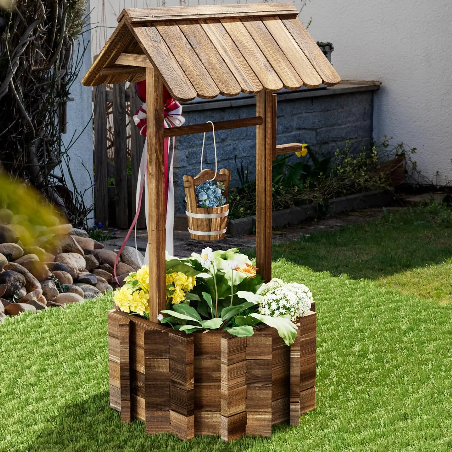 Aoxun Brown Wooden Wishing Well Planter - Plant Holder with Hanging Bucket, Hanging Baskets, Outdoor Flower Pots for Container Gardening, Rustic Patio Ornament, Indoor-Outdoor Home Decor