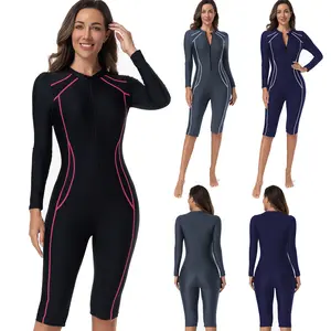 2026 European and American women's one-piece long-sleeve surfing suit, new style with boxer shorts, conservative swimwear