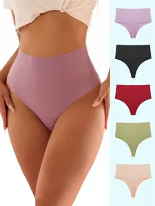 High Waist Ice Silk Smooth Seamless Women's Underwear, Elastic Fashion Yoga Quick Dry Breathable Fit Sports Thong Panties, Pure Color T-Shirt Style