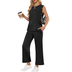 ANRABESS Women's 2 Piece Pants Sets Summer Travel Airplane Outfits Sleeveless Wide Leg Casual Lounge Crewneck Matching Sweat Set Women plus size Sweatsuits