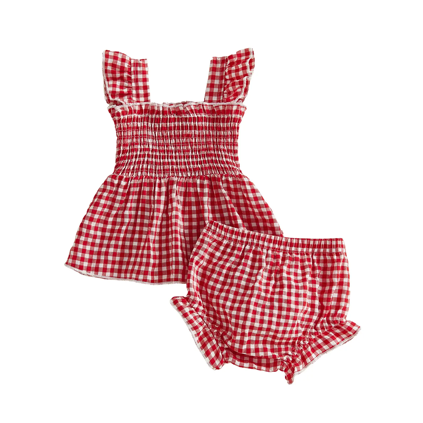 Baby Girls' 2-Piece Plaid 95% Cotton Blend Summer Casual Set - 18-24 Months, Smocked Fly Sleeve Top, Shorts, Set Includes 2, Ideal Gifts for Infants