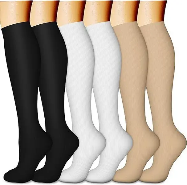 MhzyCaus unisex calf compression socks with a stretchy, breathable fabric and a fashionable slim fit, suitable for everyday wear, sports, travel, work, and leisure.