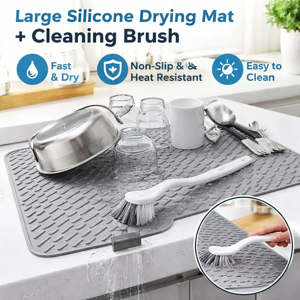 Gray Rectangle Reusable Silicone Mat (23in x 17in) - Food Grade, Heat-Resistant, Non-Slip Foldable Fast-Dry Drain Pad with Built-In Drain & Diagonal Ridges, Easy-Clean Countertop Protector, Coasters, Multifunction Kitchen Gadget for Wet-Countertop Gone