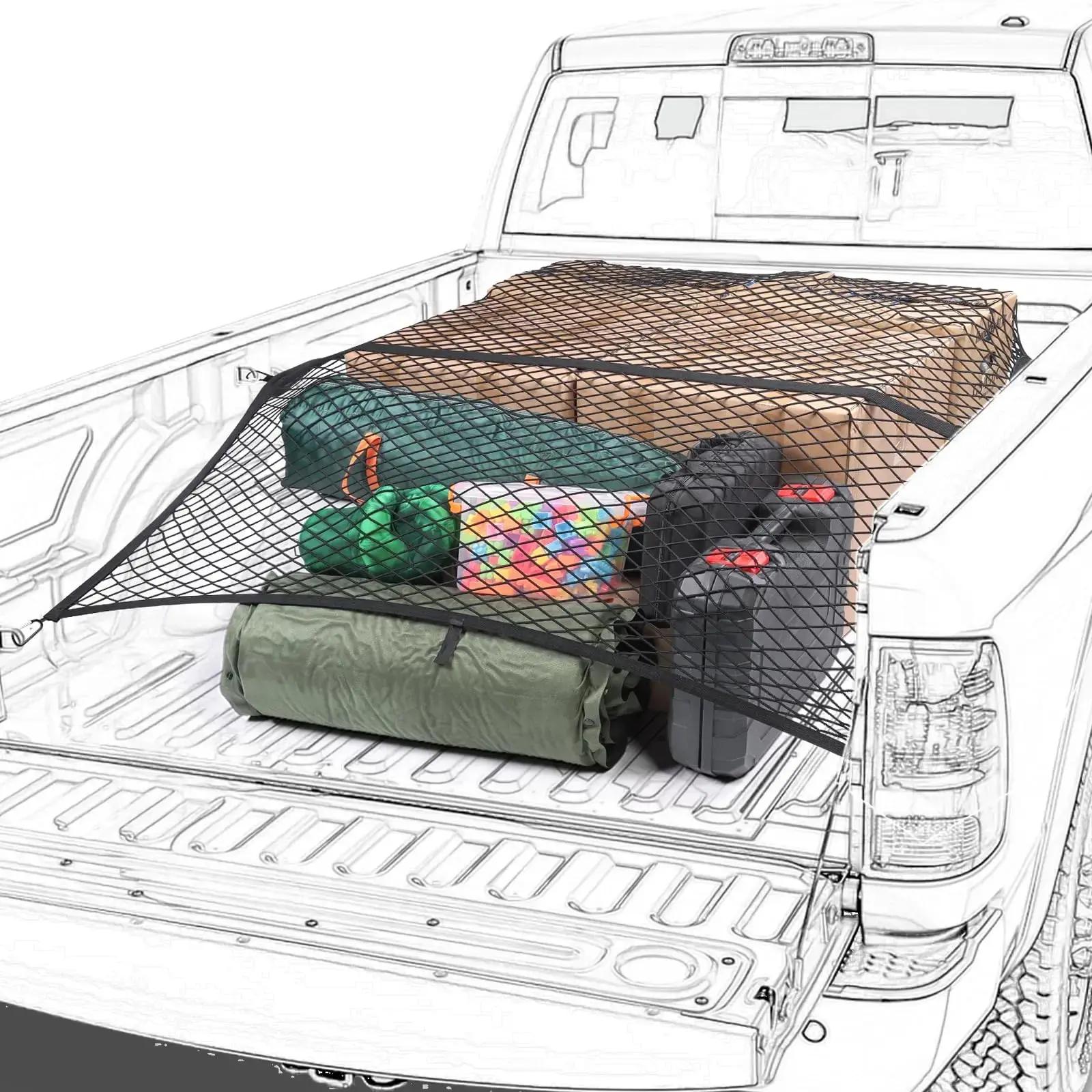 Truck Bed Net – Highly elastic cargo net for pickup truck beds, stretchable mesh organizer expands from 4’x4’ to 7’x7’, suitable for everyday light loads on trucks, ATVs, SUVs, UTVs, and boats (Black)