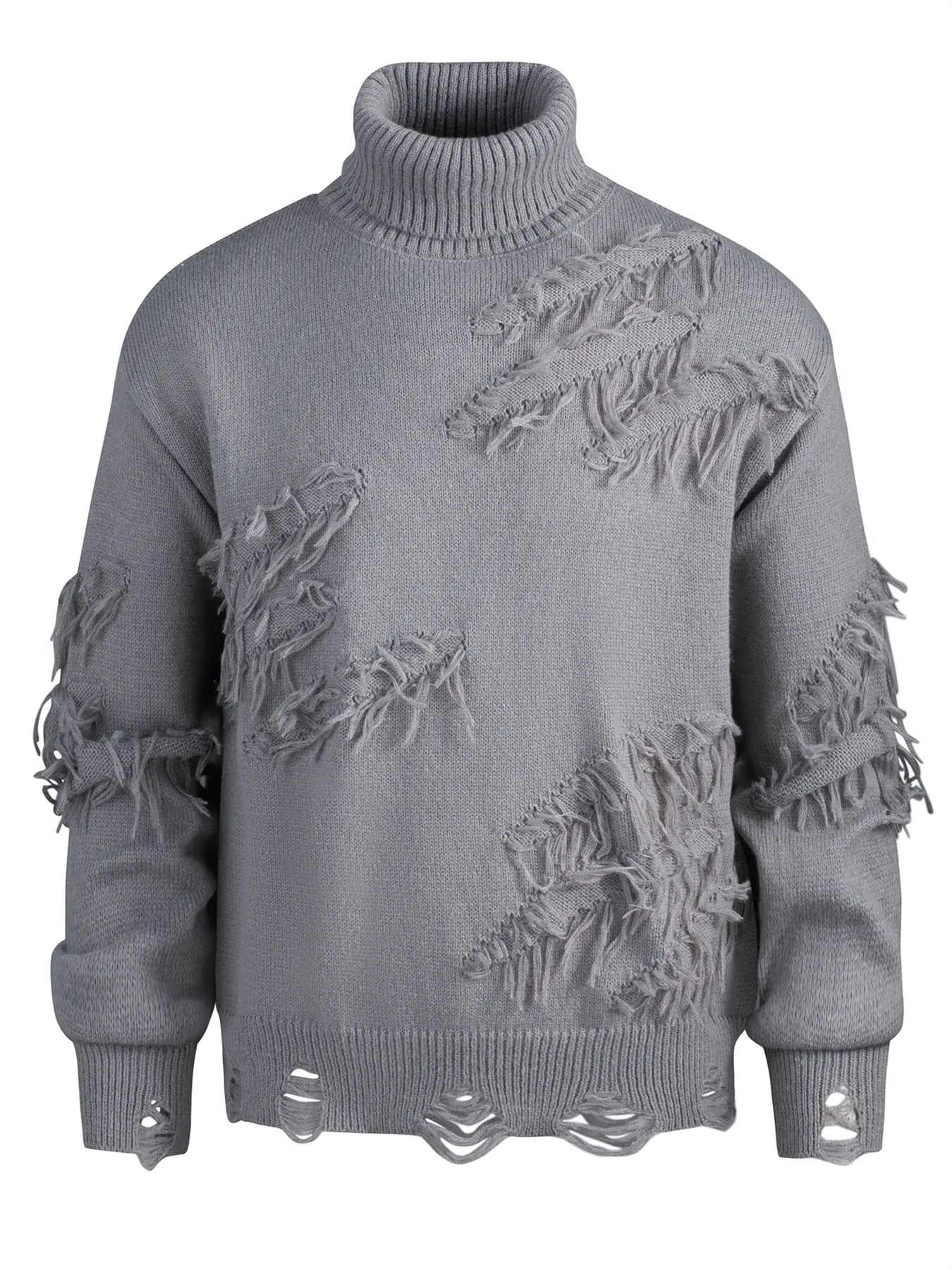 Oversized Distressed Fringe Turtleneck Sweater, Ripped Raw Hem Long Sleeve Knit Pullover, Grunge Streetwear Loose Fit Jumper For Men Women