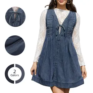 Chicovar Women's Oversized Vintage Denim Mini Dress ,Sleeveless V-Neck Tie Front Ruffle Layered A-Line Tunic with Pockets & Front Pleats, Casual Outfit