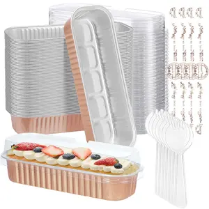 100 Pack Mini Cake Pans with Lids and Spoons, Mini Loaf Pans with Lids Cake Tins Rectangular Aluminum Foil Baking Container with Sealing Sticker Cheesecake Containers