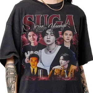 Gildan Men's 90s Bootleg Vintage Round Neck Classic Cotton Graphic Casual T-Shirts - Suga Min Yoongi Kpop Unisex Adult Quality Fabric Streetwear Gift Top