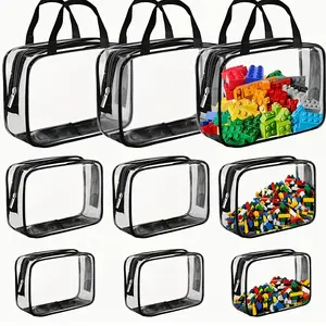 3 Packs Toy Storage Bags with Zipper, Top Zipper Bag Clear PVC Organizing Waterproof Toy Bags for Board Games, Building Blocks, and Kids Books, Portable Organizer