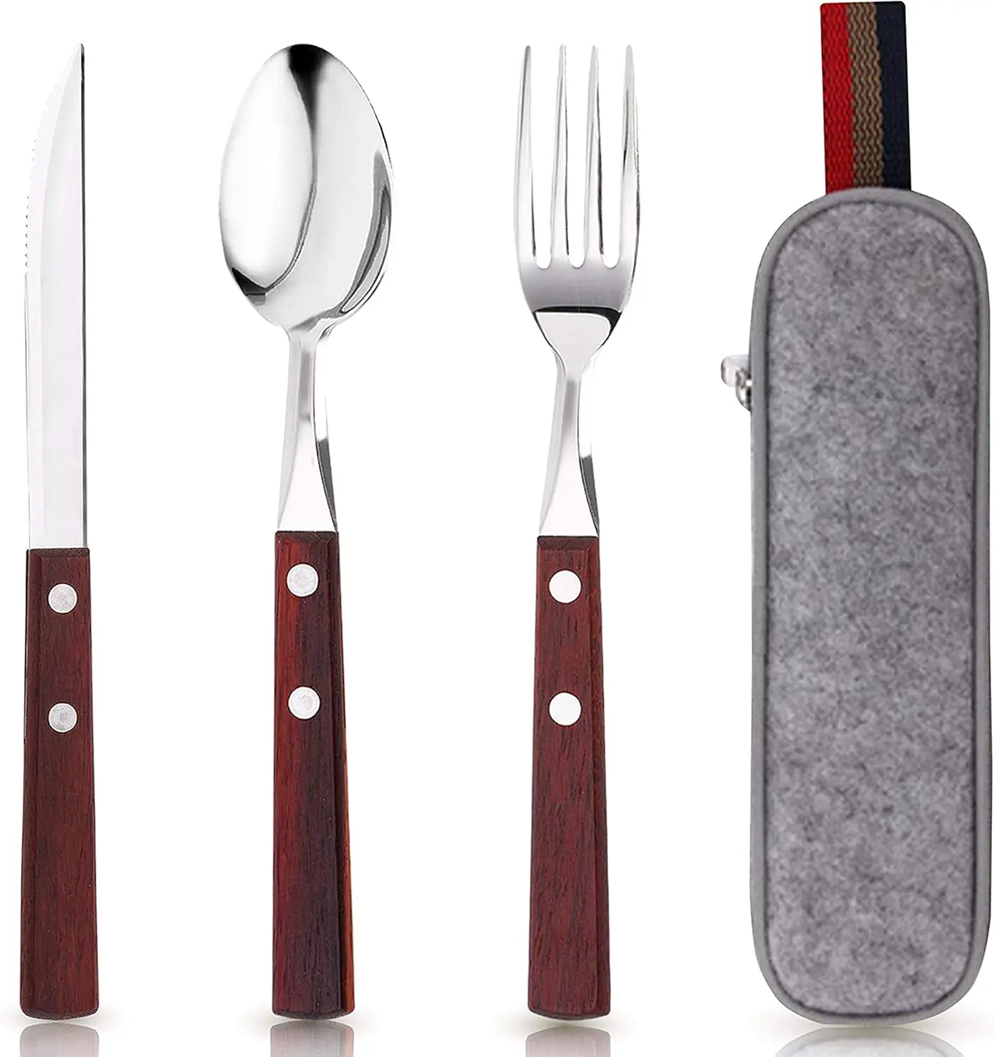 3PCS Portable Utensils Set with Carrying Case, Stainless Steel Tableware, Knife, Fork, Spoon, Reusable Utensils, Wooden Handle Tableware, Ideal for Travel Camping