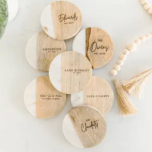 Custom Coasters, Personalized Wedding Gift, Engagement Gift, Housewarming Gift, Realtor Closing Gift, Family Gift,Set/4 Marble Wood Coasters