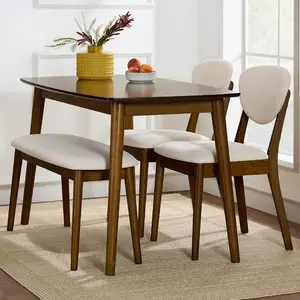 Piece Dining Set, Compact Mid-Century Modern Table & Chair Set for Home, Apartment w/  Chairs, Padded Seats & Backrests, Wooden Frame - Walnut/Cream