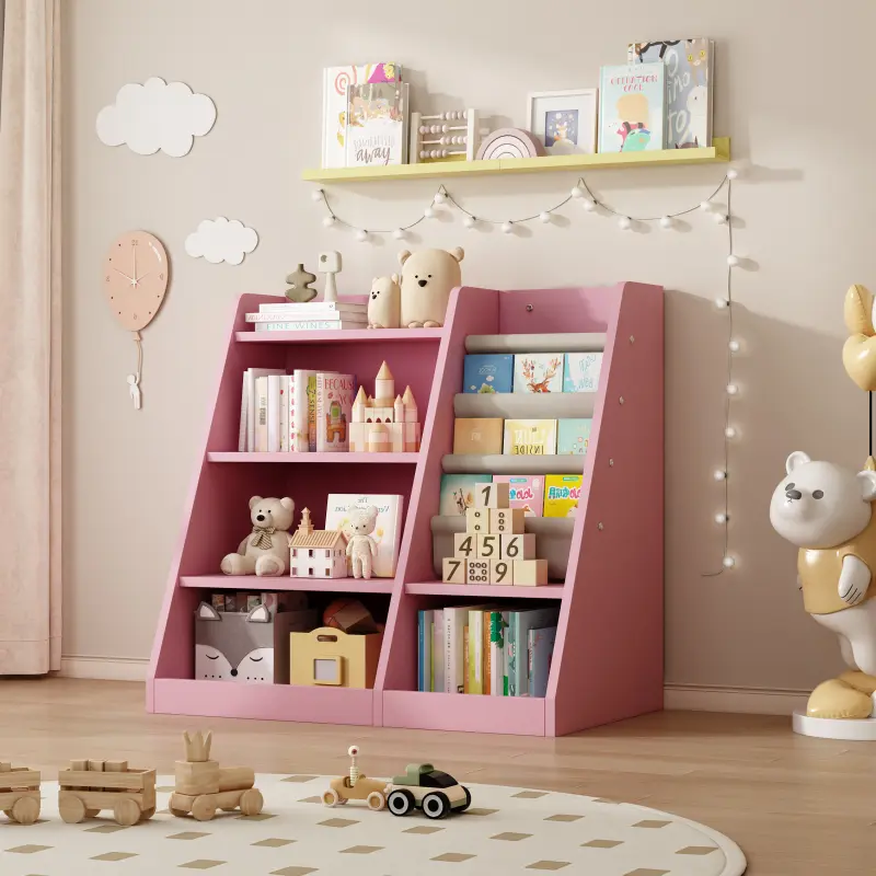 High end and high-quality Pink Wooden Toy Storage Organizer Cabinet Kids Bookshelf  Children Bookcase Toddler Baby Sling Book Rack Shelf for Playroom Bedroom Nursery Hallway School Kindergarten Living Room