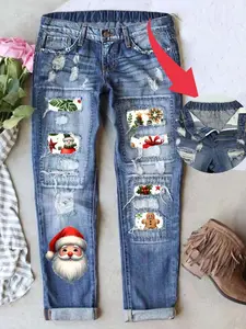 Women's Ripped Christmas Holiday Jeans, Santa Patch Boyfriend Fit Vintage Denim Jeans, Casual Fitted Long Regular Jean Style