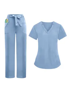 Health Check Scrubs Uniforms Women Solid Color Fitted Pet Grooming Work Uniform Set Nutritionist Work Suits Workwear Short Sleeved Work Wear