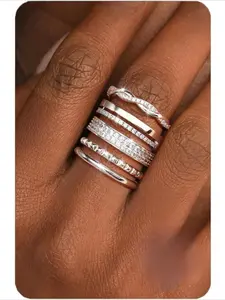 Non Tarnish Gold Silver Stackable Rings for Women - 14K Gold Plated Waterproof Stacking Thin Chunky Bands Cubic Zirconia Thumb Ring Set 2-4mm Trendy Statement Promise Engagement Rings Size 5-10