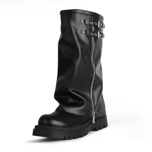 Women's Fold Over BootsSlouchy Boots Wide Calf Pleated Platform BootsStacked Side Zipper Boots Mid Calf Boots Goth Y2k