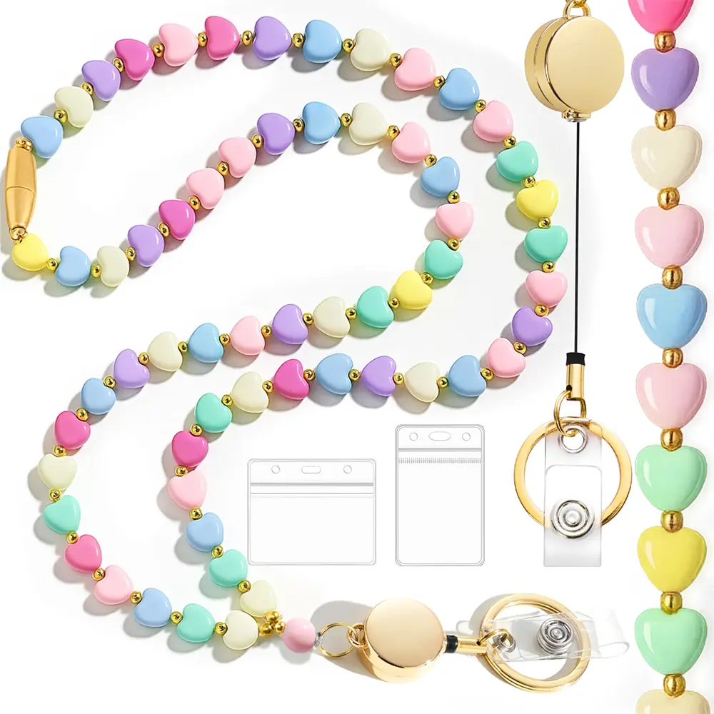 Women's Beaded Retractable Lanyards for ID Badges, Keys, with Colorful Card Holders