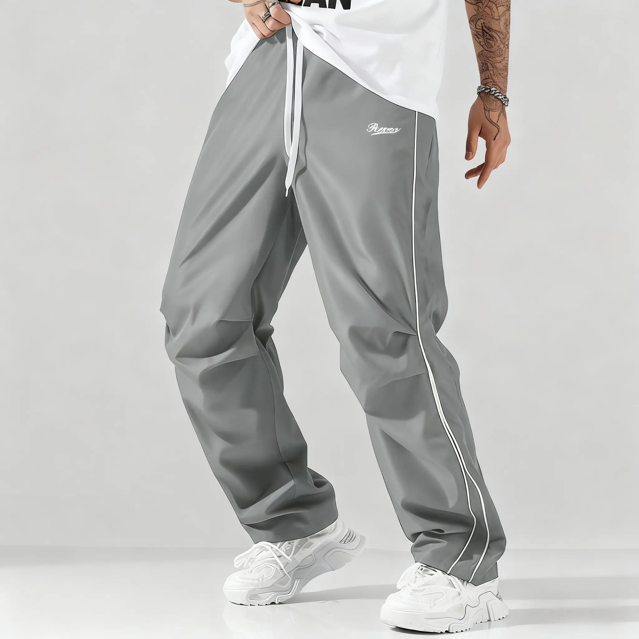 Men's Summer 100% Polyester Loose Relaxed Pants Weightless Soft, Large Cut with Gray Side Strips & Gold Decorative Bars, Mix and Match Multi Sport Athletic Bottoms, Gym/Casual Techwear, Father's Day Gift Option