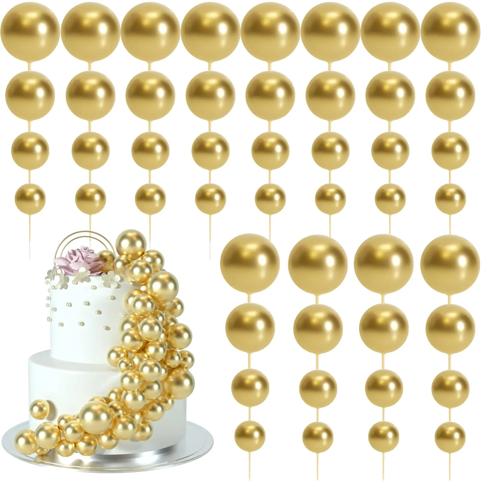 48 Pcs Gold Balls Cake Topper Decorations, Foam Balloon Cupcake Toppers for Birthday Wedding