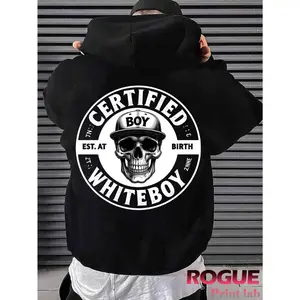 Certified Boy Est. at Birth Whiteboy Skull Print Black Men's Fashion Hoodie, Trendy Streetwear Style Casual Daily Wear Thin Large Size Sweatshirt with Graphic Design Comfortable Fit Top Quality Clothing
