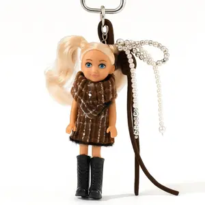 Winter Luxury Plaid Doll Keychain Coquette Girl Purse Charm with Bow & Beads Handmade Woven Strap Accessory Elegant Cute Pendant Gift for Women & Girls C Hook 8.26 Inch