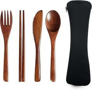 Portable Wooden Cutlery Set for Travel and Camping - 4 count Set With  Wooden Spoon, Fork,  and Chopsticks