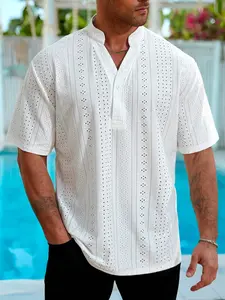 Men's Plus Size Loose Fit Casual Stand Collar Short Sleeve Shirt, Comfortable Daily Wear, Spring and Summer Versatile Top