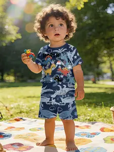 Vintage Dinosaur Silhouette Design Baby T-Shirt Set, Casual Short Sleeve Toddler Clothing, Perfect Gift for Infants, 100% Polyester