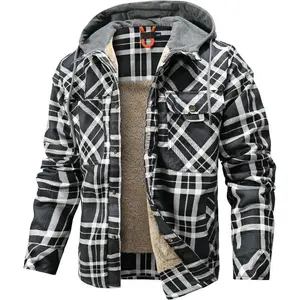 Men's Hooded Coat Casual Thicken Plaid Work Flannel Snap Sherpa Lined Fleece Shirt Jacket