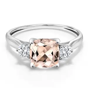 10K White Gold Peach Morganite and Moissanite 3-Stone Engagement Ring For Women | 1.56 Cttw | Cushion 7MM | Gemstone Birthstone | Three Stone Wedding Anniversary Promise Ring
