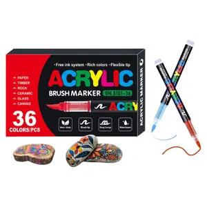 Acrylic Brush Markers 36 - Color | Water-Based Paint Pens for Rock, Wood, Glass & Canvas | Flexible Tip, Strong Coverage Art Markers