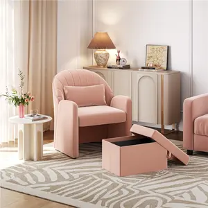 Costoffs Velvet Barrel Chair with Storage Ottoman, Modern Furniture Accent Chair with Lumbar Pillow for Bedroom, Living Room