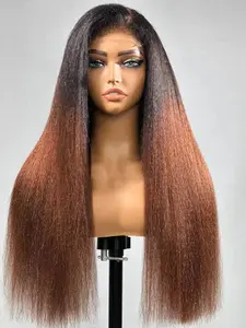Gradient Yaki Wig, High-Quality Soft 30-Inch 180% Density, Lace Front Straight Hair, Pre-Attached No Glue, Daily Use, Glueless Wig
