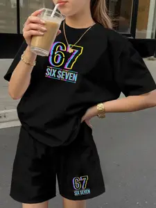Girls' Casual 2-Piece Set Outfit, Cool Colorful '67 Six Seven' Digital Print, Short Sleeve T-Shirt + Shorts, Daily Wear Clothes