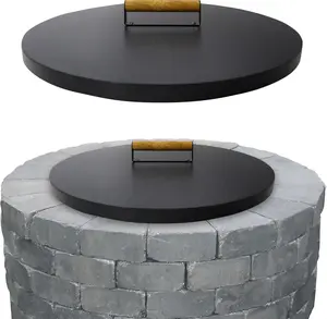 22” firepit lid round for inside up to 20” gas fire pit lid for Outdoor Fireplace Cover Lid Steel fire pit metal cover W/ Wooden Handle & Powder Coated Snuffer Lid for Round Patio Fire Pit Ring