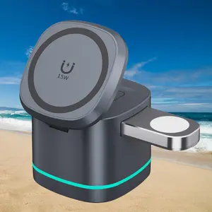 3 in 1 Magnetic Wireless Charger, 15W Fast Charging Station for iPhone 16 15 14 Pro Max Plus & Apple Watch & Airpods, Compact Design Charger for Home & Office Use, Fast Charging Supported