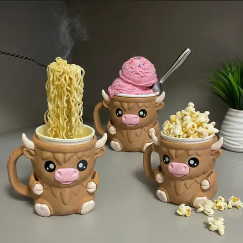Highland Cow Ice Pint Holder 3D Printed Antifreeze Handle Containers with Spoons Leak Proof Popsicle Cozy Beer Can Sleeve Decorative Drinkware Tumbler