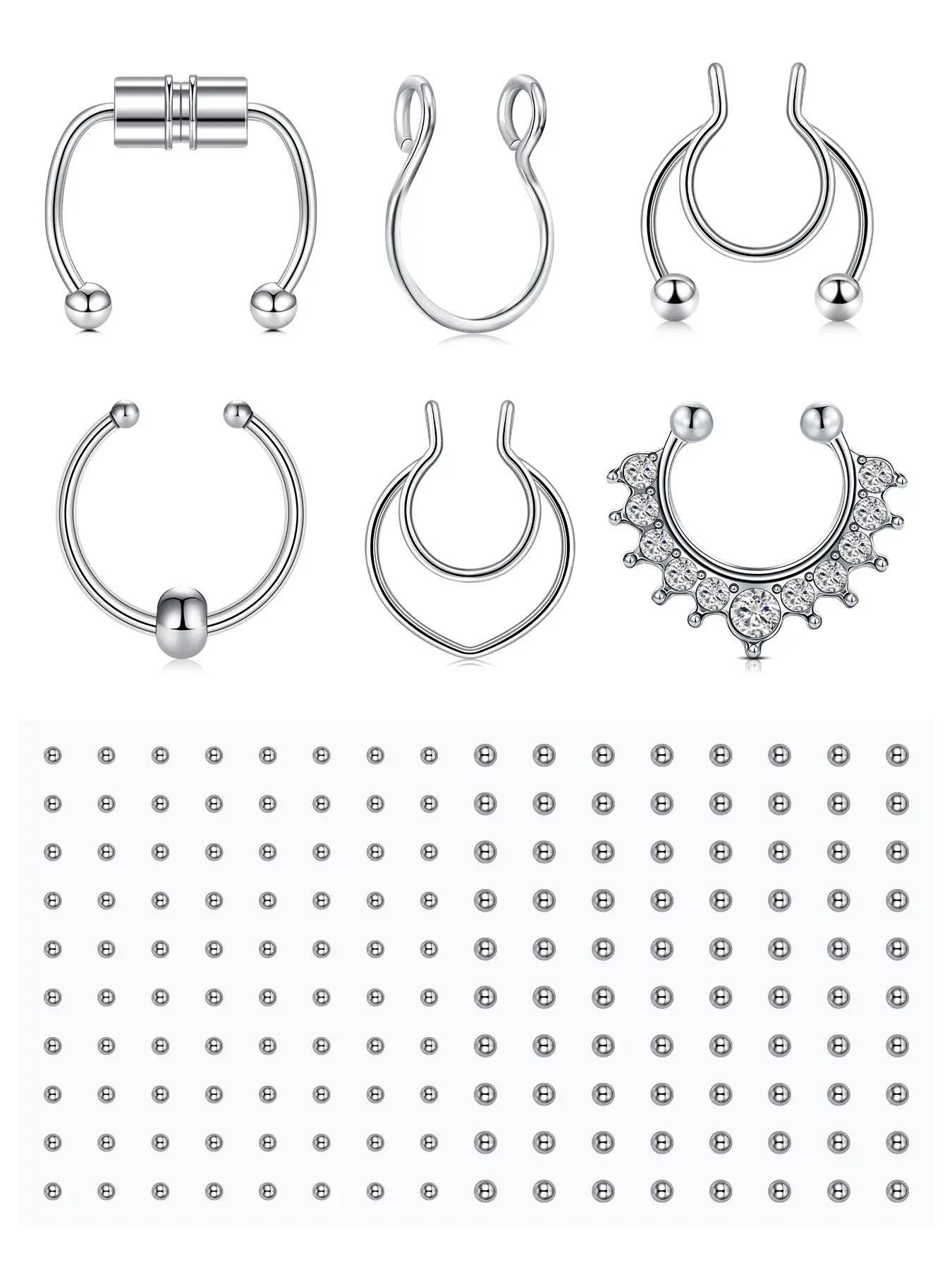 Fake Piercings Fake Lip Ring Fake Nose Ring Fake Eyebrow Piercing Fake Lip Stud Self-Adhesive Face Sticker, Face Jewels, Fake Piercing Balls Silver Punk Fashion Body Jewelry Y2k Halloween Makeup For Women Men Non-Piercing Body Jewelry Nose Hoop