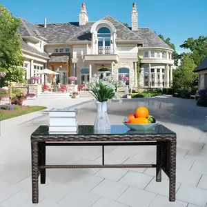 Outdoor Wicker Coffee Table Patio Furniture Garden Rattan Tempered Glass Table