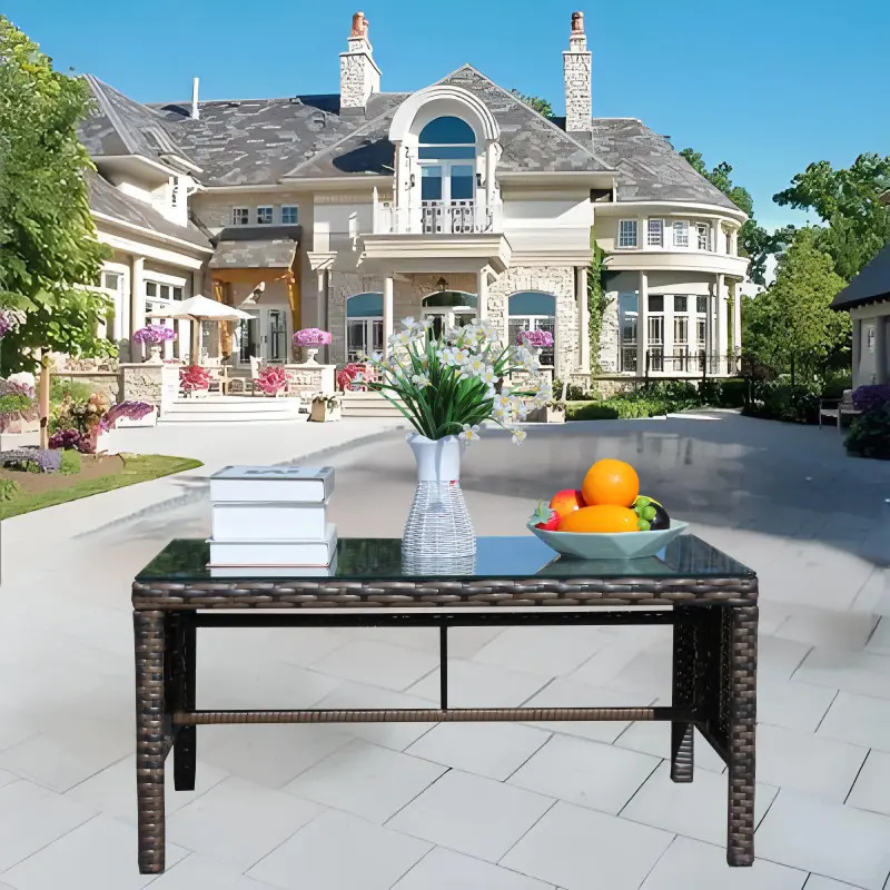 Outdoor Wicker Coffee Table Patio Furniture Garden Rattan Tempered Glass Table