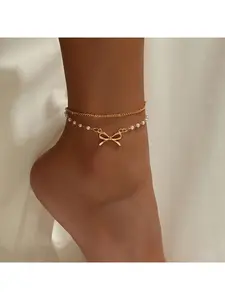 Elegant Faux Pearl Bow Beaded Dainty Layered Anklet, Double Layer Summer Beach Vacation Jewelry for Women, Fashionable Butterfly Knot Foot Accessory