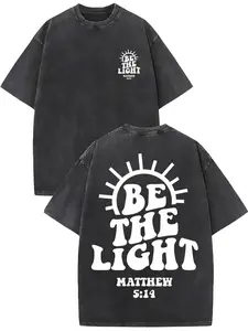 Couples Vintage Washed Print T Shirt Be The Light Sunburst Design Round Neck Short Sleeve Oversized Relaxed Fit Straight Hem Graphic Tee