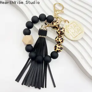 Tassel Silicone & Wood Bead Keychain - MAMA Wood Slice Bag Charm Bracelet
