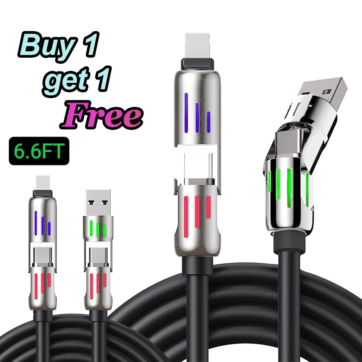 [Buy 1 Get 1 Free] 240W 4 in 1 USB Cable Fast Charging, Liquid Silicone Cable with USB A Type C Lightning Charger Cable with Breathing Light, 240W 4-in-1 USB C Cable Charging Cord for iPhone iPad (Black/Grey/Purple, 6.6FT)