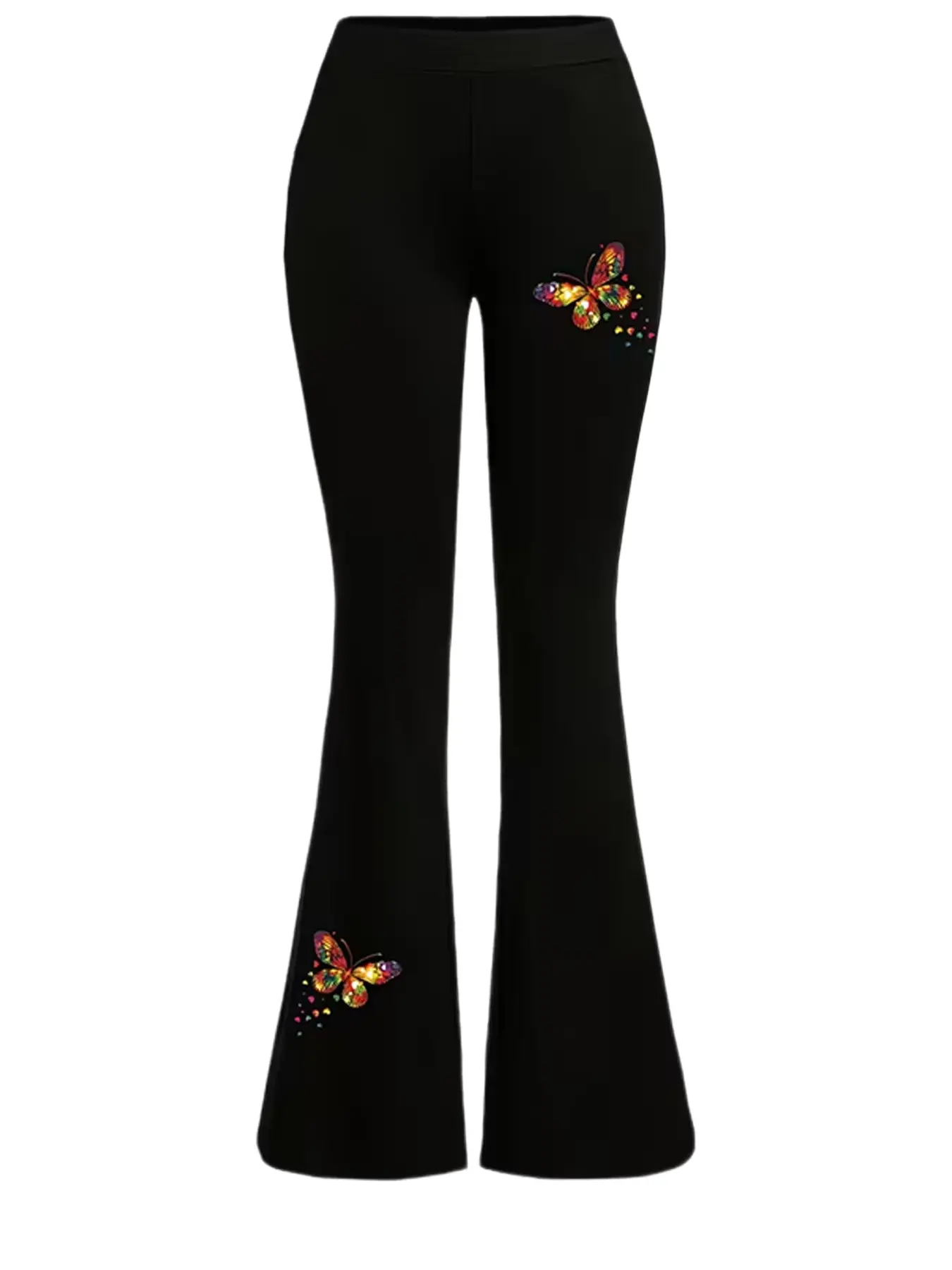 Women's Butterfly Print Flared Pants Bell Bottoms, Sexy Fitted High Waist Design, All-Season Wear, Elastic Waist Comfort, Plain Style, Womenswear