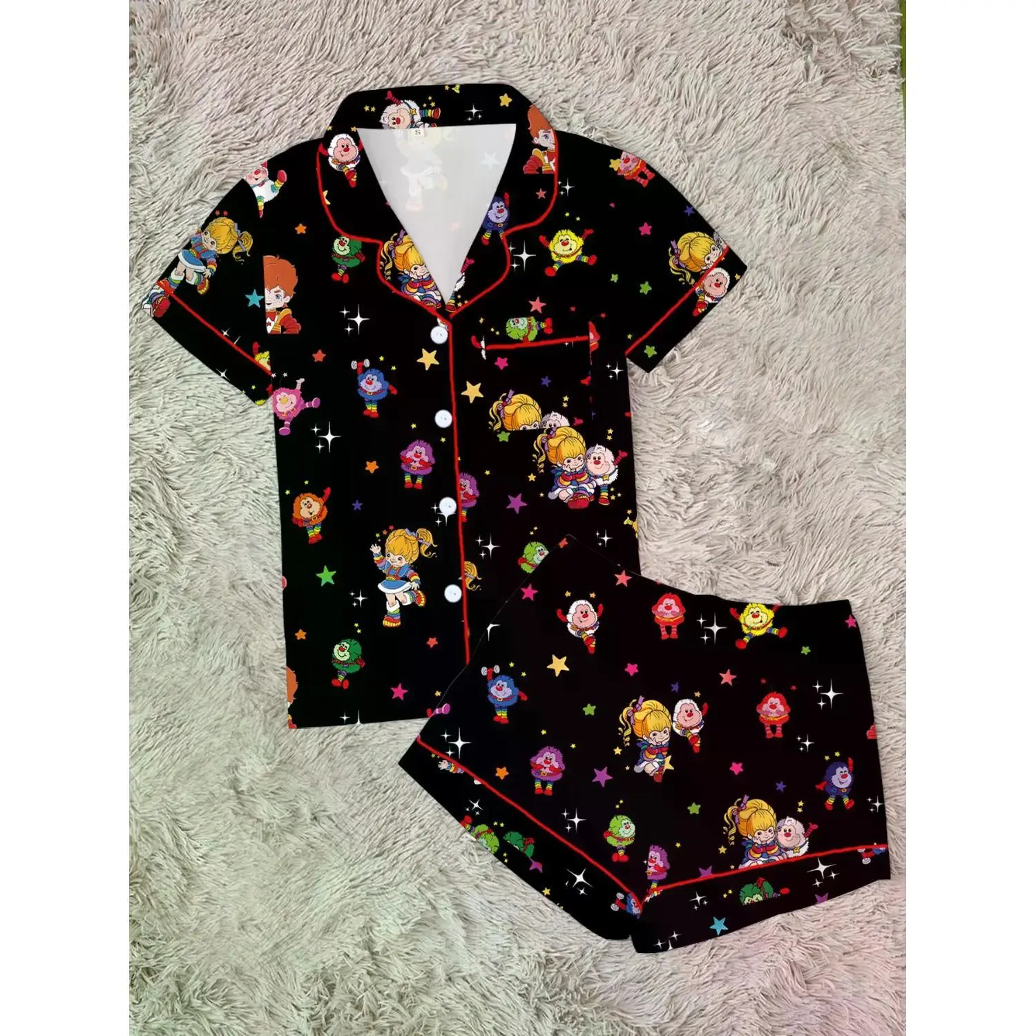 Women's Rainbow Girl Print Pajama Set, Cozy Two-Piece Loungewear, Short Sleeve Button-Up Top and Elastic Waist Shorts, Perfect for Relaxing at Home
